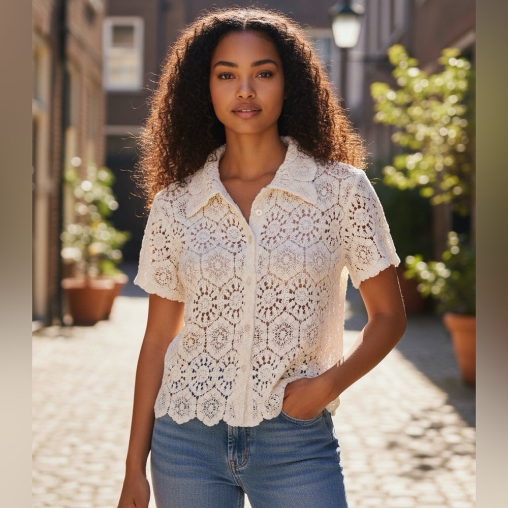 ZARA Lace Open Weave Crochet Button Front Short Sleeve Shirt